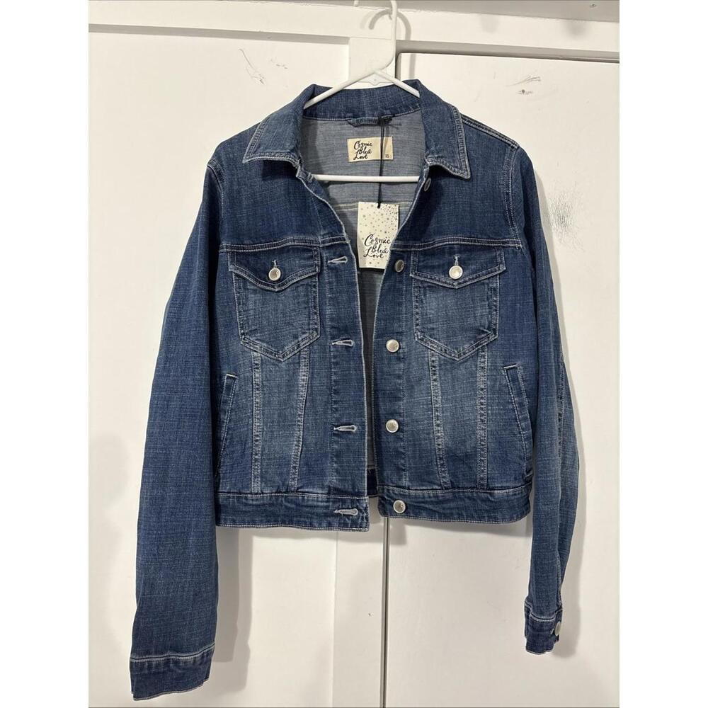 Cosmic Blue Love Women’s‎ Medium Wash Button Front Denim Jacket Size XS NWT